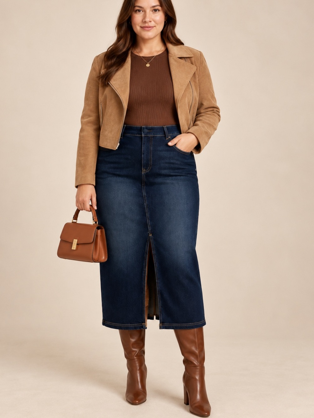 NWT Halara Flex High Rise Stretch Denim Midi Skirt Front Slit M